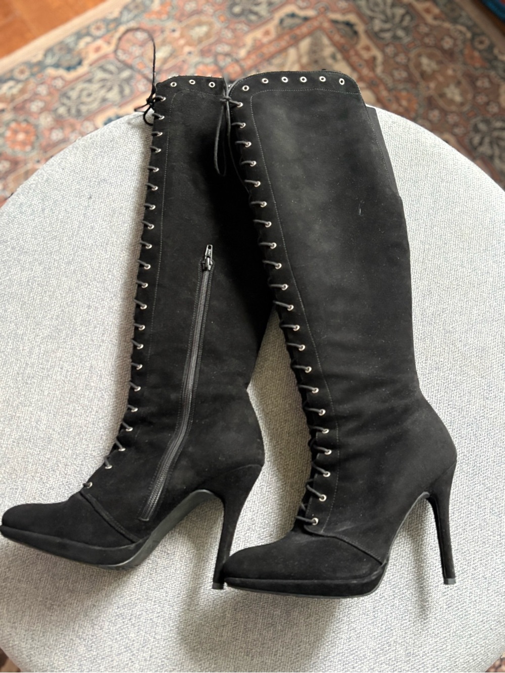 Stuart Weitzman Black Lace-Up Suede Stiletto Boots